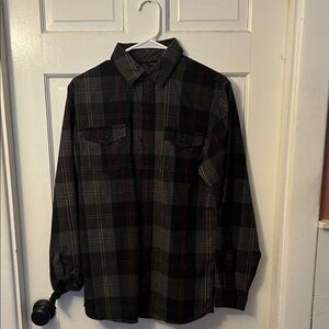 Black & Gray Plaid Flannel Shirt with subtle Pure Barre logo